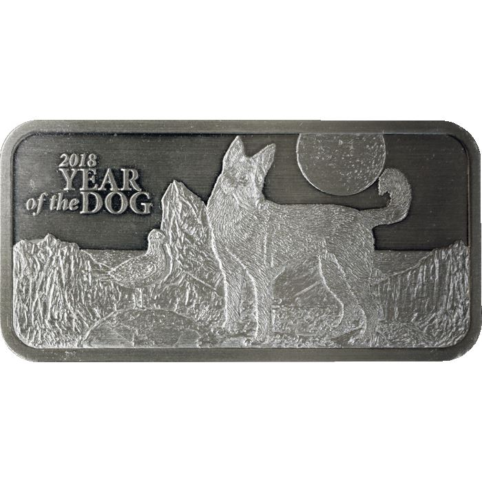 2018 10 oz Lunar Year Of The Dog Silver Bar - Antique Finish